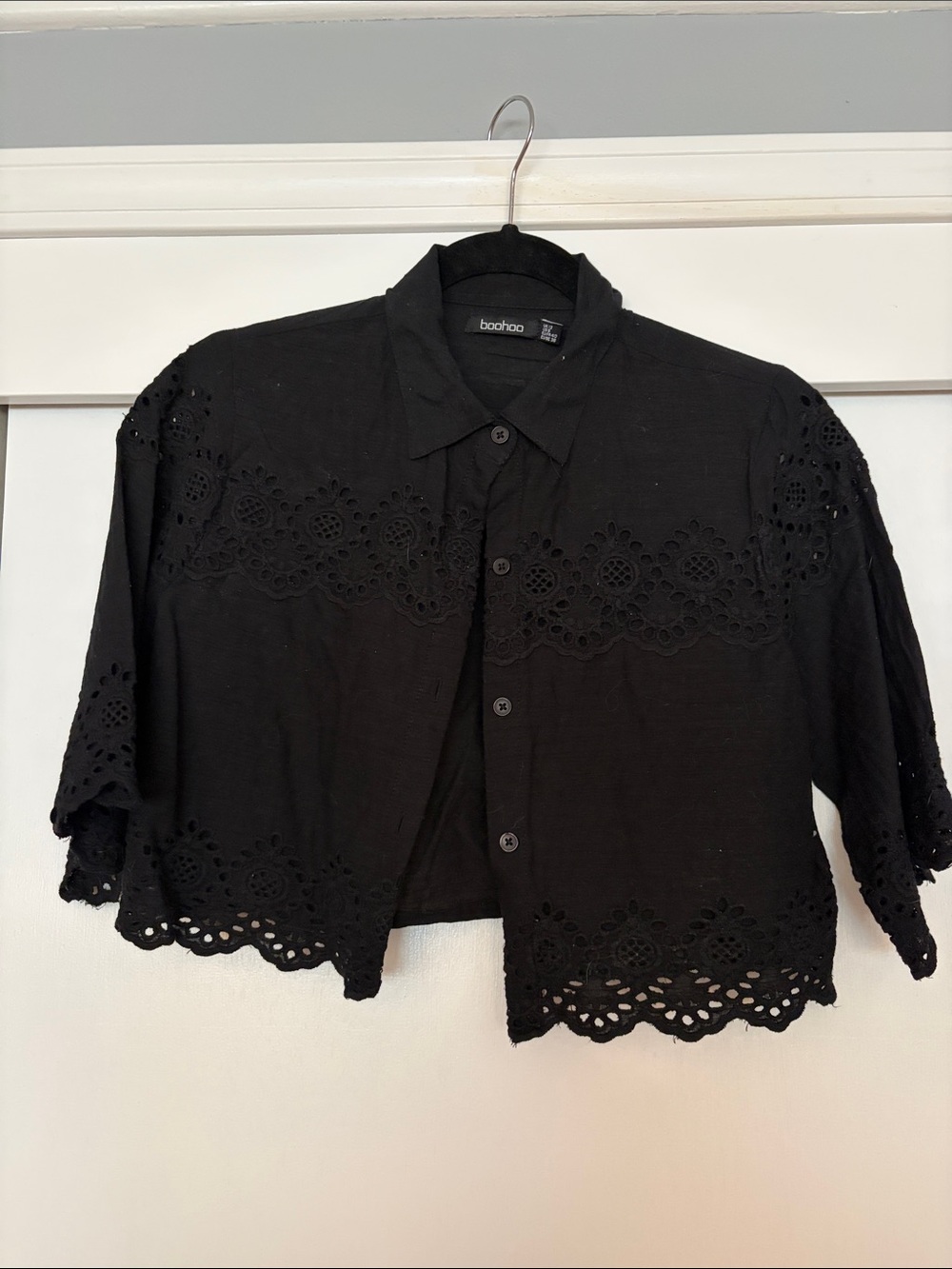 Boohoo Black Crochet-Trim Button Down Crop Shirt